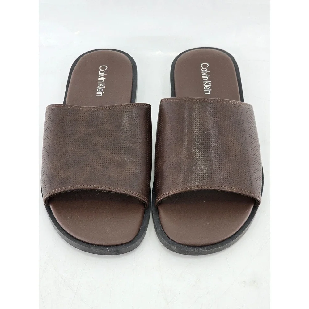 Calvin Klein Slide Sandals Mens Size 9 Brown Perforated Faux Leather -Excellent